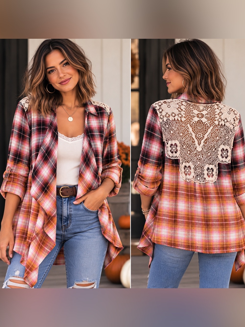 Upcycled American Rag Plaid Crochet Back Waterfall Top – Size Medium